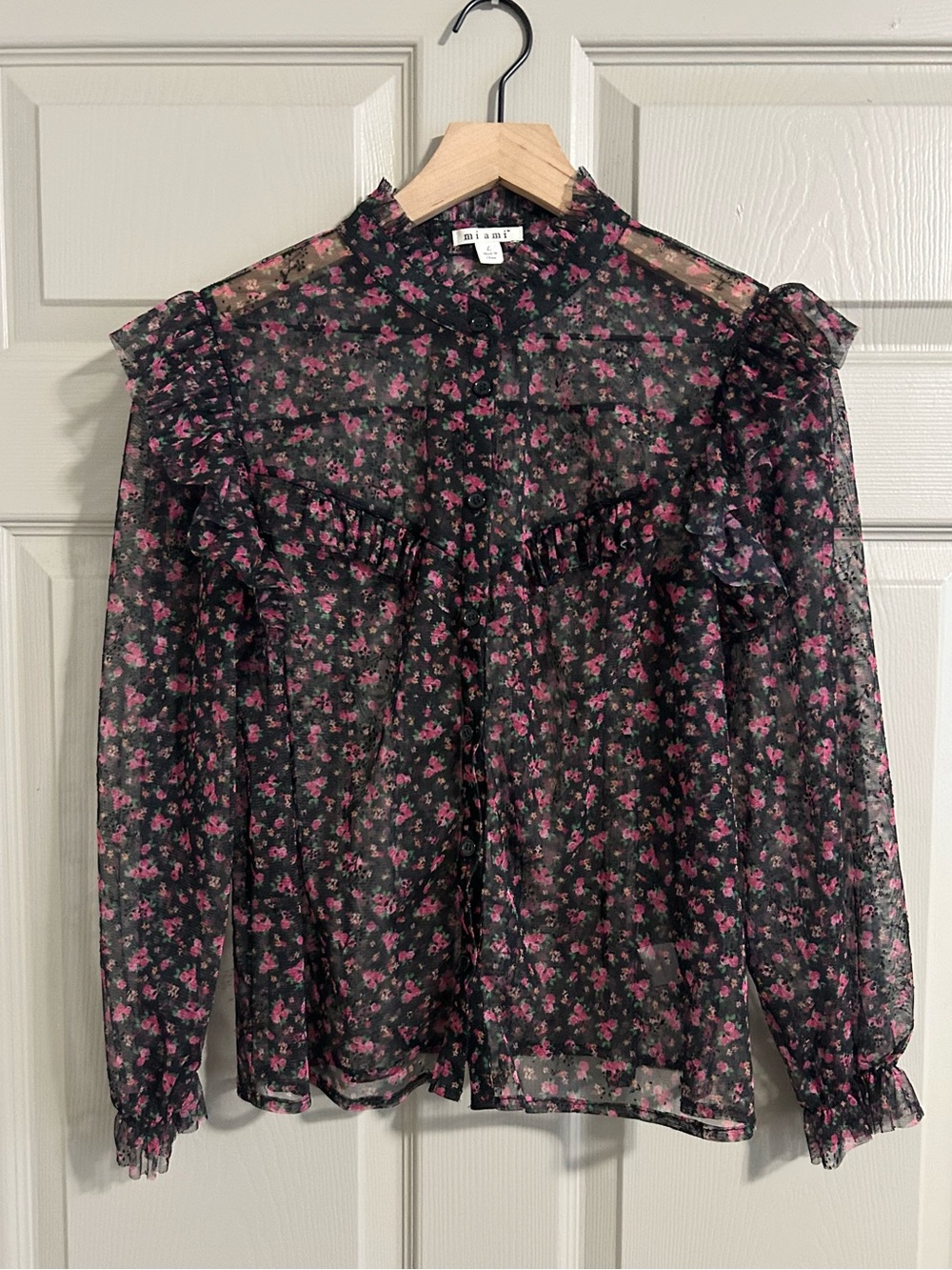 Miami Black Sheer Blouse with Pink Floral Print Sz: L